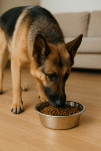 alt="Shepherd Dog Eating Food."